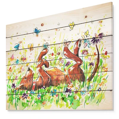 Designart - Happy Brown dog with Flowers and Butterfly - Animals Painting Print on Natural Pine Wood