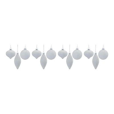 Glitter Ribbed White Glass Ornament Set