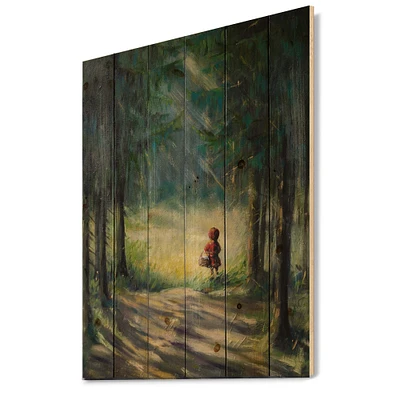 Designart - Little Red Riding Hood In The Woods - Traditional Print on Natural Pine Wood