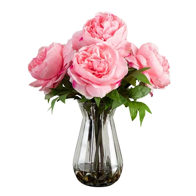 16" Light Pink Peony Arrangement in Glass Vase