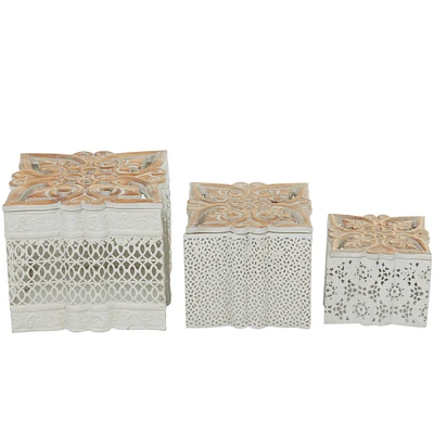 White Metal Laser Cut Metal Decorative Jars with Carved Wood Lids Set