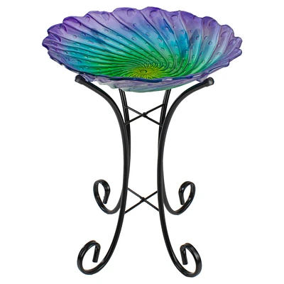 18" Purple & Green Swirled Hand Painted Glass Outdoor Birdbath