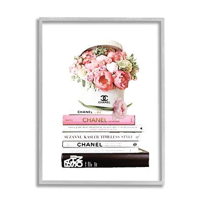 Stupell Industries Pink Florals in Hat Box Glam Fashion Books in Gray Frame Wall Art