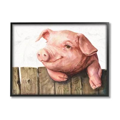 Stupell Industries Piglet on Wooden Fence Pink Farm Animal in Black Frame Wall Art