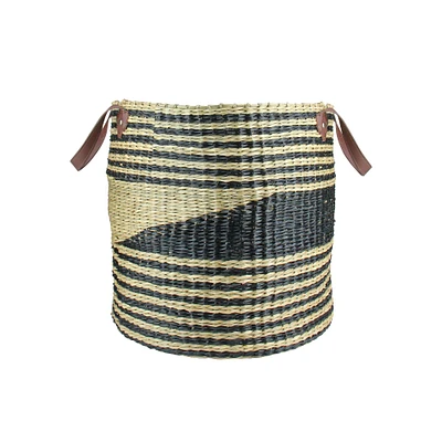 15.5" Beige & Black Woven Seagrass Basket with Handles