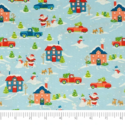 SINGER Christmas Holiday Santa's Village Blue Cotton Fabric