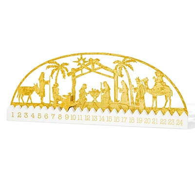 Glitzhome® 23.5" Wooden & Metal Gold Foil Nativity Countdown Calendar Décor