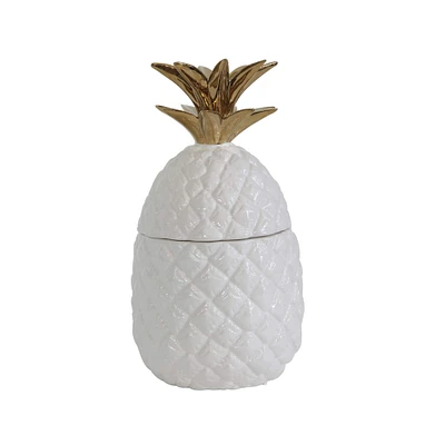 9.25" White & Gold Ceramic Pineapple Container with Lid