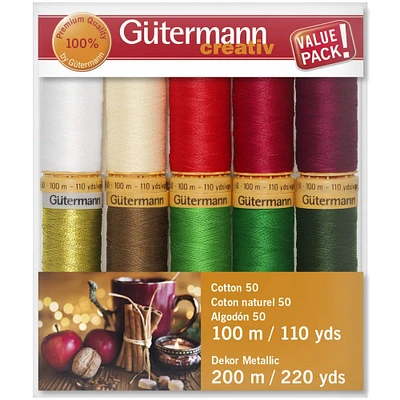 Gütermann Gold Metallic Collection Cotton 50 Holiday Thread Set, 10ct.