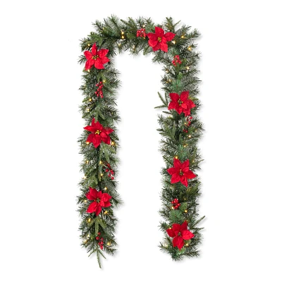 Glitzhome® 9ft. Pre-Lit Greenery Pine Poinsettia and Berries Christmas Garland with LED Lights and Timer