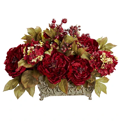 18" Red Peony & Hydrangea Arrangement in Decorative Planter