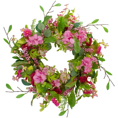 23" Pink Chrysanthemum & Hydrangea Floral Spring Wreath