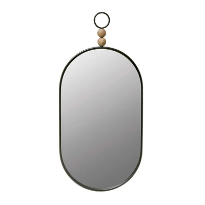 Black Oval Metal Wall Mirror with Wood Beads