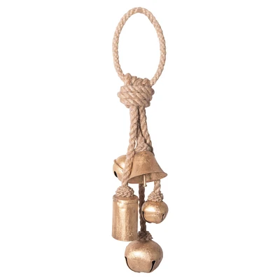 Gold Decorative Metal Bells in Various Shapes on Jute Rope Hanger