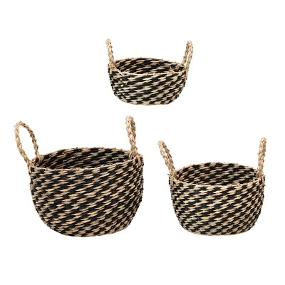 Black & Natural Hand-Woven Seagrass Baskets with Handles Set