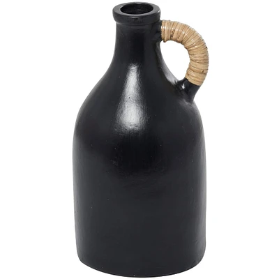 18" Black Ceramic Jug Inspired Vase with Rattan Wrapped Handle 