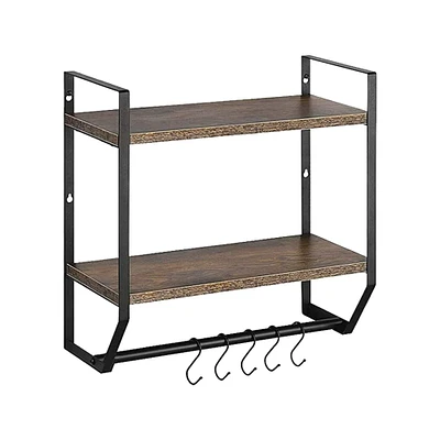 2-Layer Wall Mounted Rustic Shelves with Iron Towel Bar