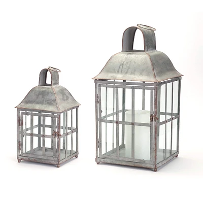 Gray Metal & Glass Lantern Set, 14'' & 20.25''