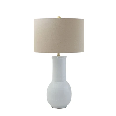 30" White Terracotta Table Lamp with Natural Linen Shade