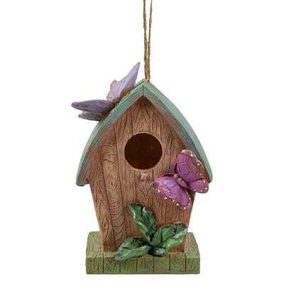 10" Brown & Green Hanging Birdhouse With Butterflies Outdoor Garden Décor