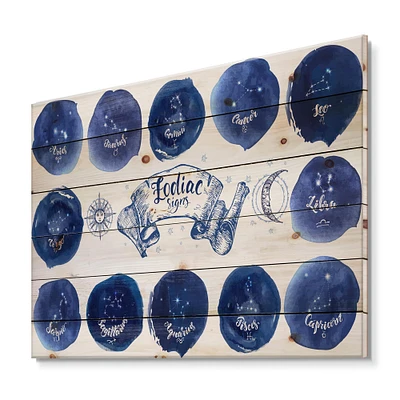 Designart - Collection of Astrology Signs On Blue - Modern Print on Natural Pine Wood