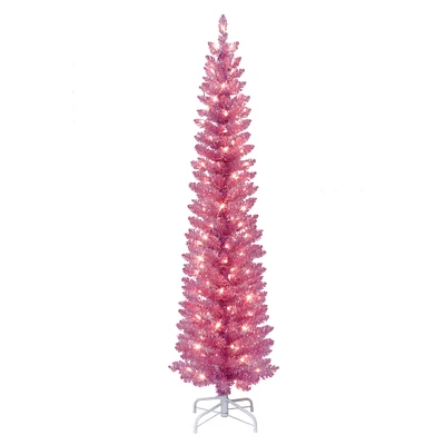 7ft. Pre-Lit Pink Tinsel Artificial Christmas Tree, Clear Lights
