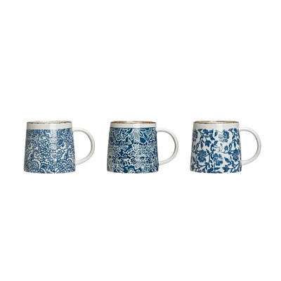 Blue & White Hand-Stamped Stoneware Mug with Gold Rim Set