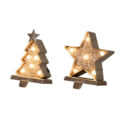 Glitzhome® 8" Marquee LED Christmas Tree & Star Wooden & Metal Stocking Holder Set