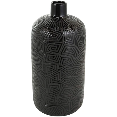 15" Black Geometric Etched Ceramic Vase