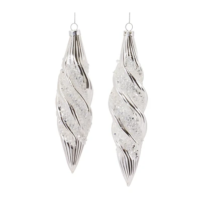 Beaded Silver Teardrop Swirl Glass Ornament Set