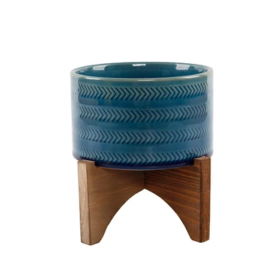 Flora Bunda® 5" Glass Teal Arrow Ceramic Planter on Wood Stand