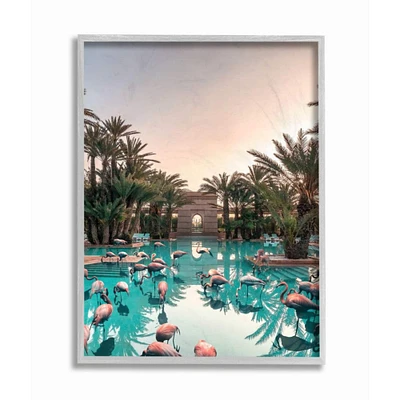 Stupell Industries Tropical Pink Flamingo Pool Relaxed Reflection Palm Trees Framed Wall Art