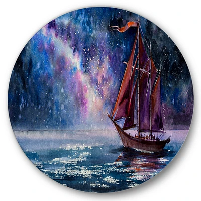 Designart - Wooden Sailboat With Red Sails & Bright Night Sky