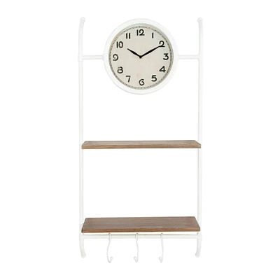 White Wall Clock with 2 Shelves & 3 Hooks