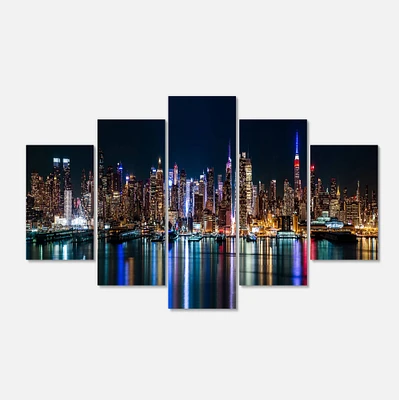 Designart - New York Midtown Night Panorama - Blue - Extra Large Canvas Art Print