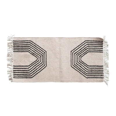 Woven Wool Blend Rug with Geometric Design and Fringe, 4ft. x 2ft.