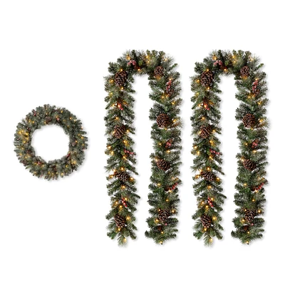 Glitzhome® 36" Pre-Lit Glittered Pinecones Christmas Wreath & Garland Set