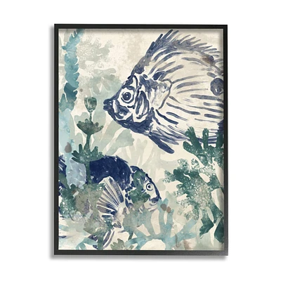 Stupell Industries Abstract Seafloor Fresco Tropical Blue Fish Distressed Coral Framed Wall Art