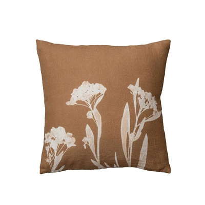 Brown & Natural Linen Floral Image Printed Pillow Cover