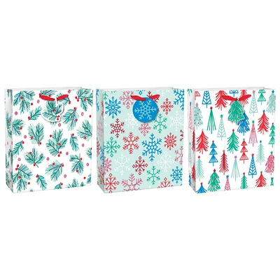 12" Holly, Tree & Snowflake Christmas Paper Gift Bags, 9ct. 