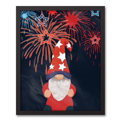 Gnome With Fireworks Black Framed Canvas