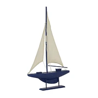 Coastal Dark Blue Wooden Sailboat Sculpture, 28" x 17" x 3"