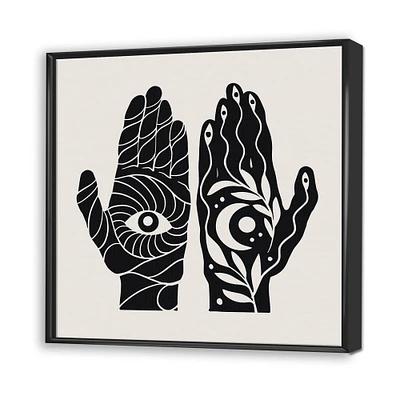 Designart - HamSa Hands With Eye And Moon Black And White Illustration - Modern Canvas Wall Art Print in Black Frame