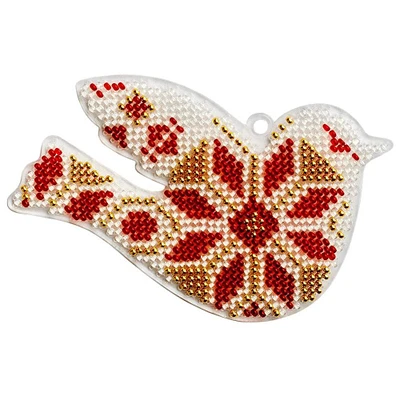 Wonderland Crafts Red & Gold Fair Isle Bird Ornament Bead Embroidery on Plastic Kit