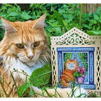 MP Studia Cat In The Window Cross Stitch On Wood Kit