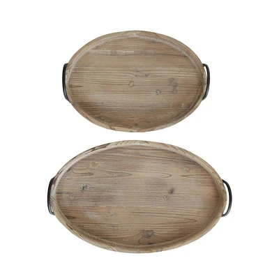 Brown Wood Round Trays with Metal Handles Set