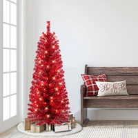 4.5ft. Pre-Lit Red Tinsel Artificial Christmas Tree, Clear Lights