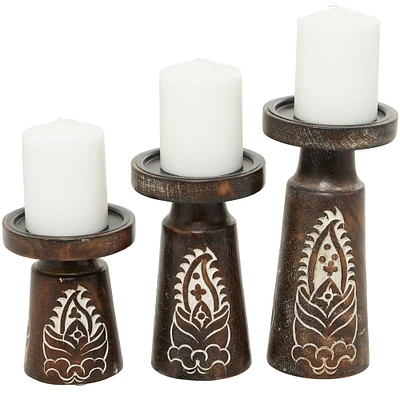 Dark Brown Mango Wood Tribal Pillar Candle Holder Set