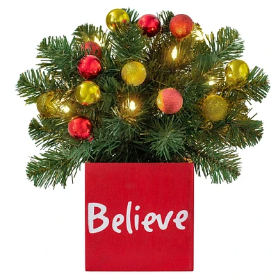 14" LED Believe Classic Greenery In Red Wood Container