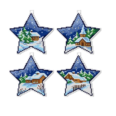 Orchidea Plastic Canvas Counted Cross Stitch Kit With Plastic Canvas Winter Stars Set of 4 Designs